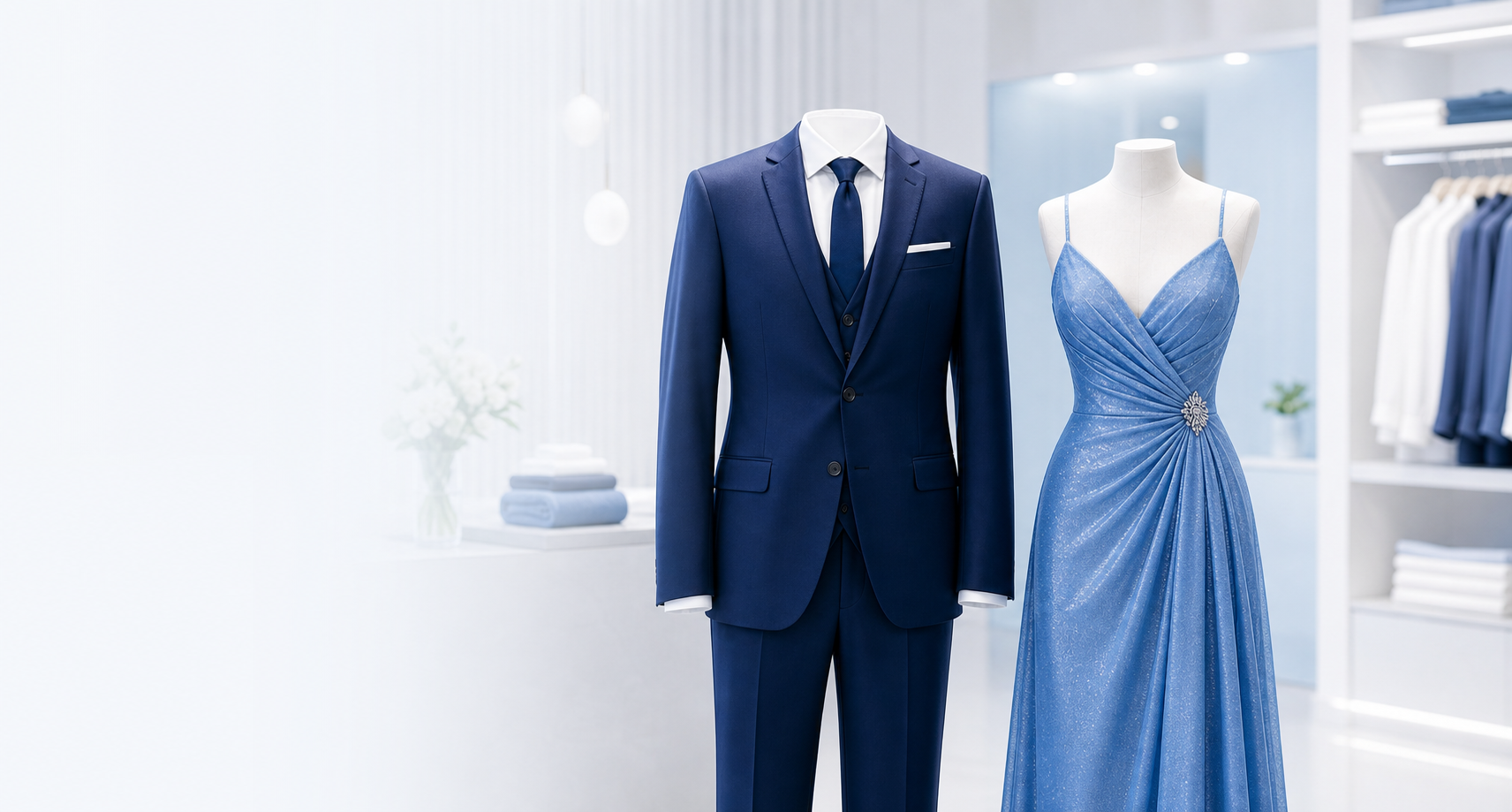Terno e vestido de festa em ambiente elegante